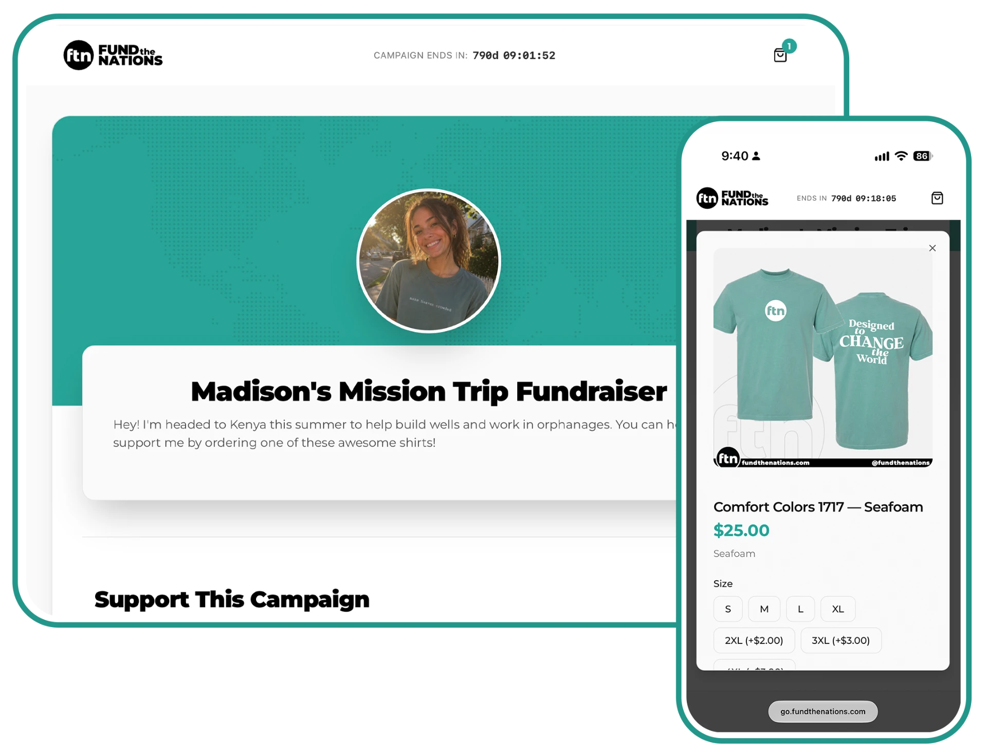 A Fund the Nations campaign page shown on desktop and mobile