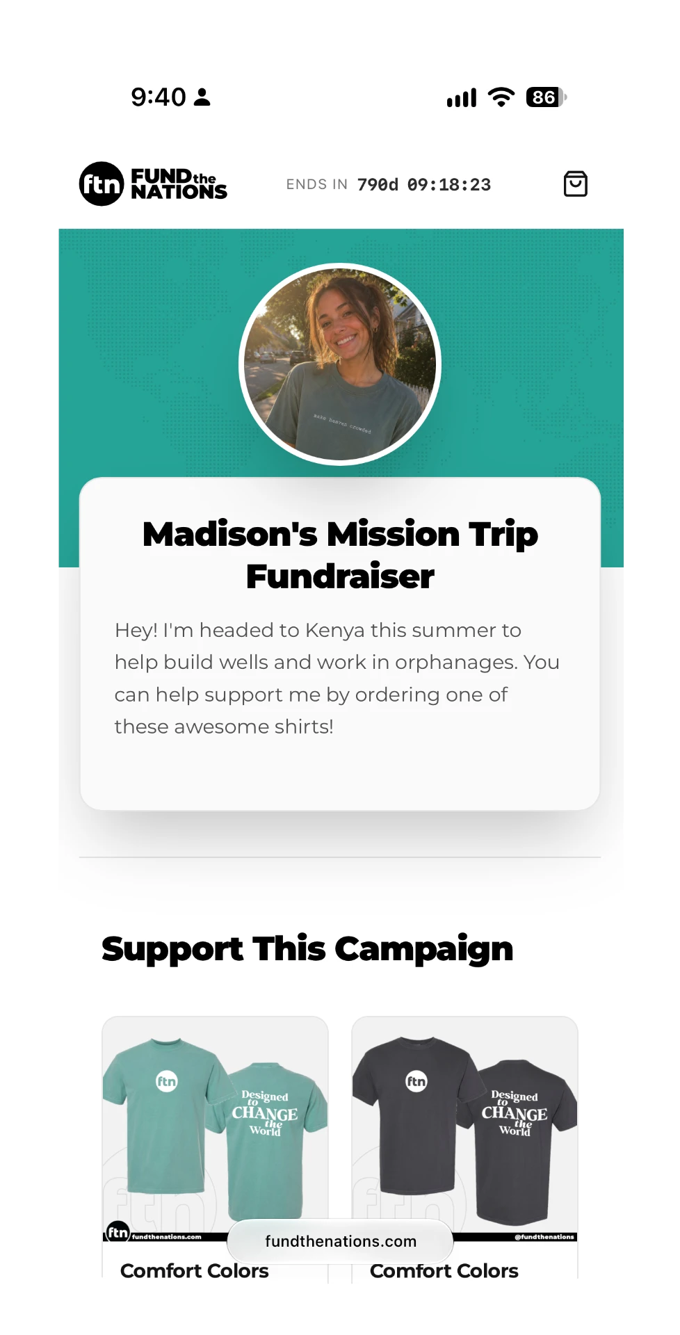 Campaign home page showing the fundraiser story and products