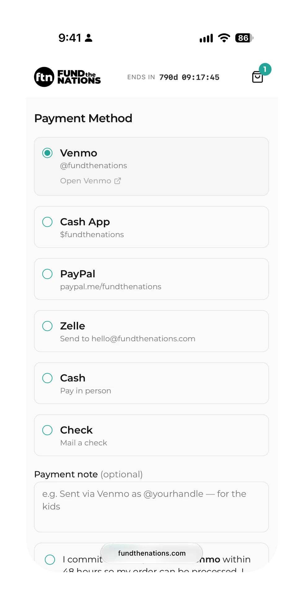 Payment method options including Venmo, Cash App, PayPal, Zelle, cash, and check