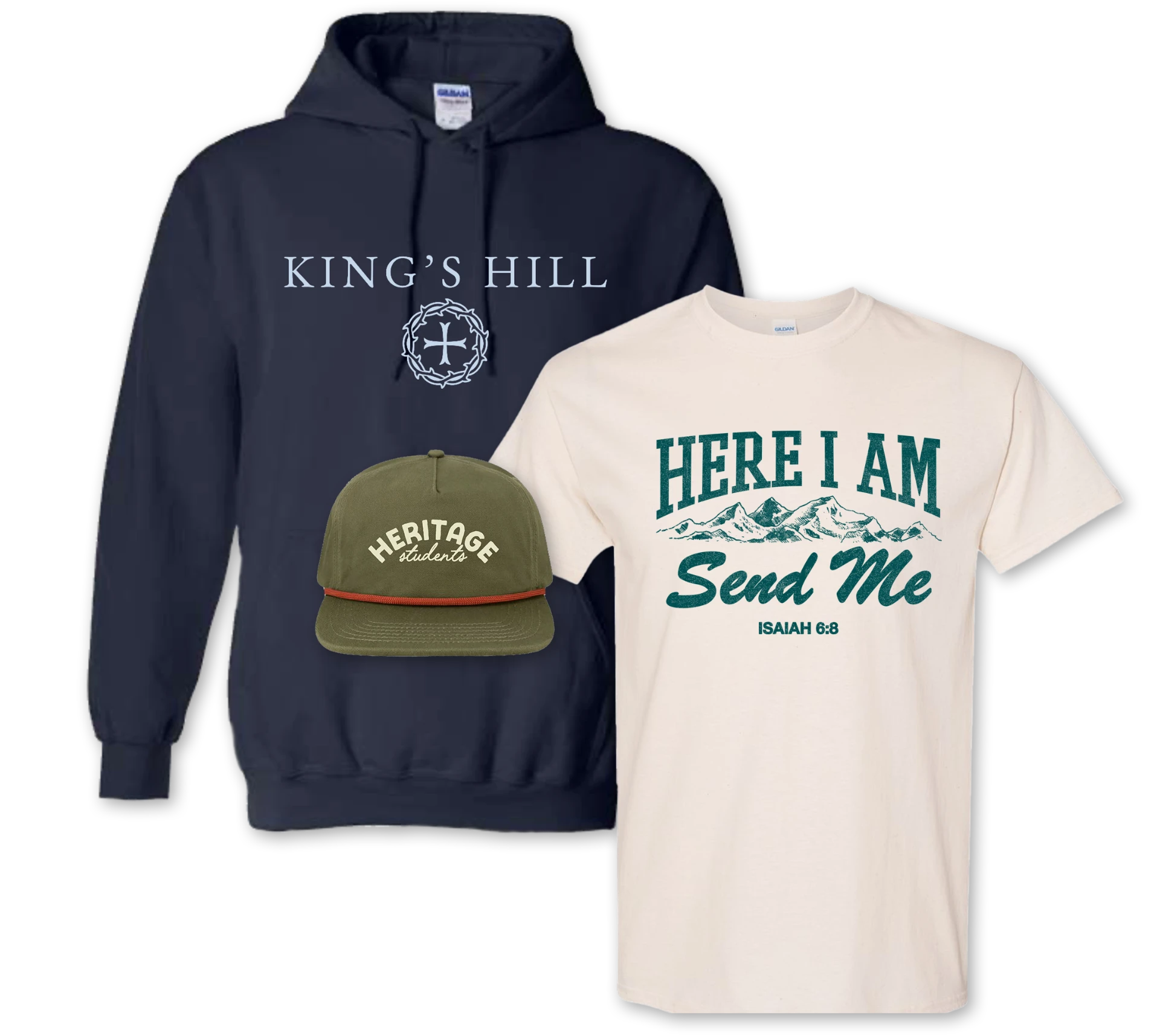 Sample custom products — hoodie, t-shirt, and hat designed by Fund the Nations